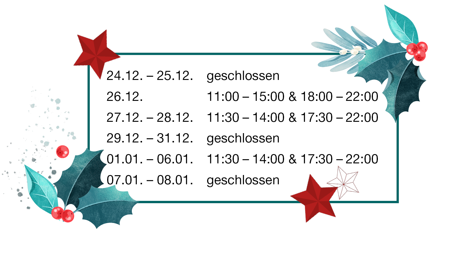 Geänderte Öffnungszeiten zu Weihnachten und Neujahr